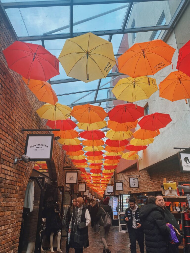 View of the colourful umbrella street at Camden Market 