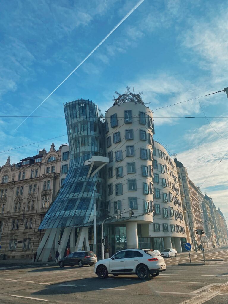 View of the Dancing House in New Town Prague