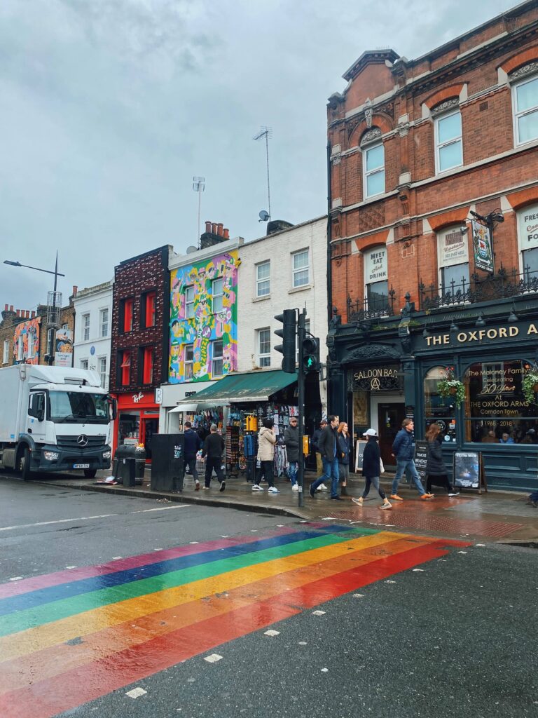 View of the rainbow crossing on Camden High Street