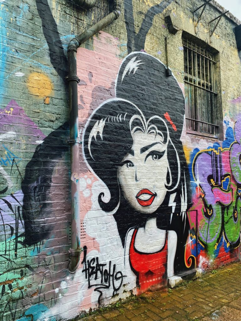Amy Winehouse mural on Hawley Mews in Camden