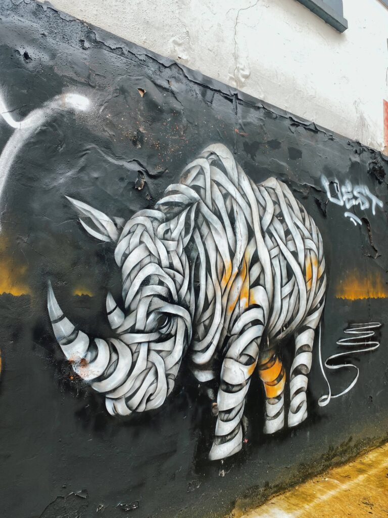 Rhino street art on Hawley Street in Camden