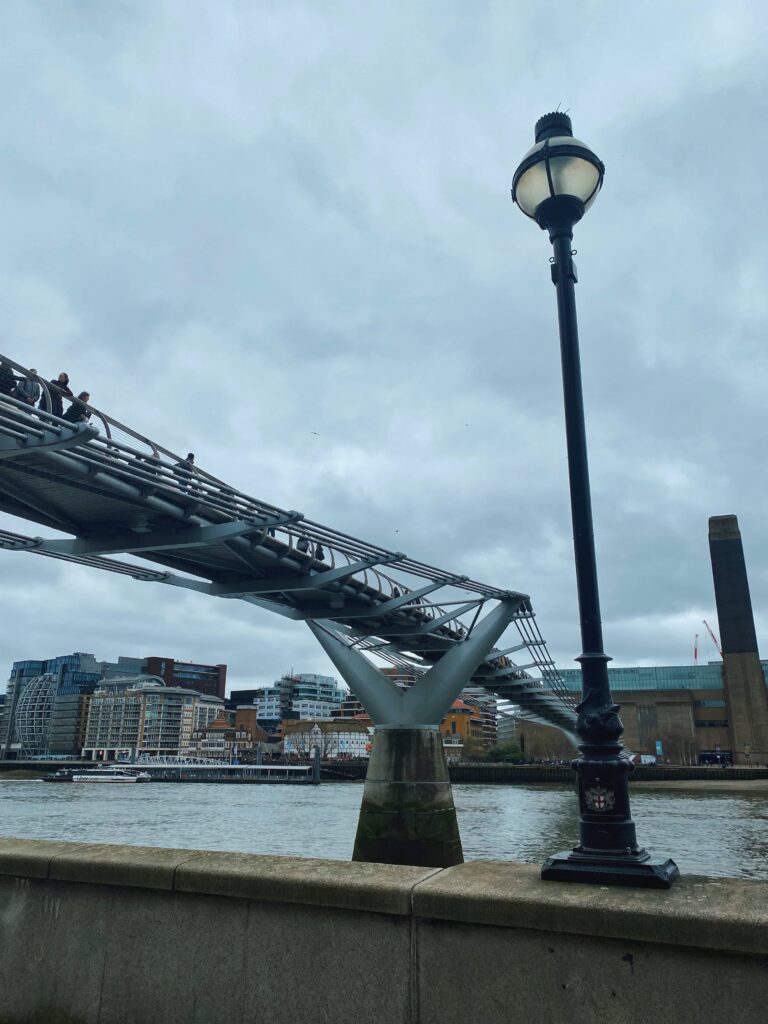View of the Millennium Bridge in London from the Thames Riverbank