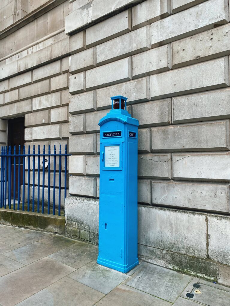 A light blue police call post in London