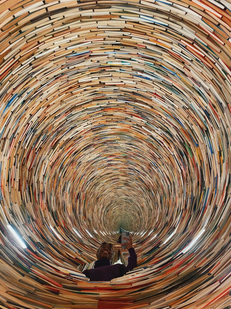 Interior of the Infinity Book Tunnel looking down
