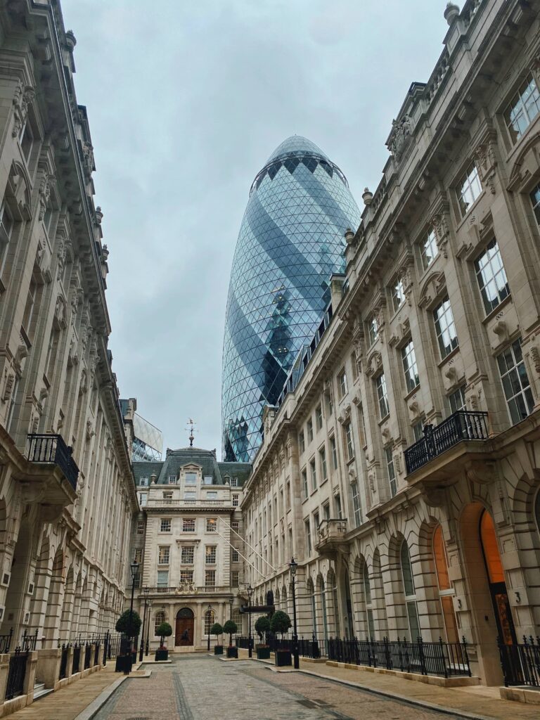View of the Gherkin from Saint Helen's Place in London