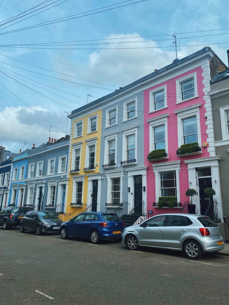 A row of colorful houses at Denbigh Terrace, Notting Hill