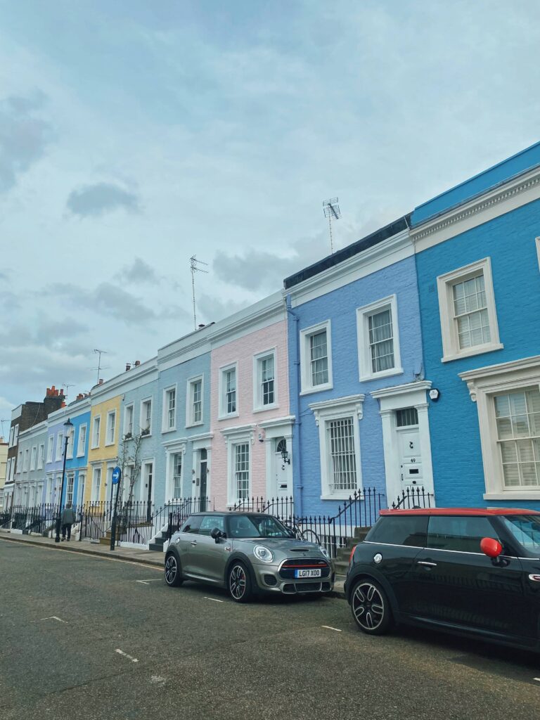 A row of colorful houses at Hillgate Place, Notting Hill