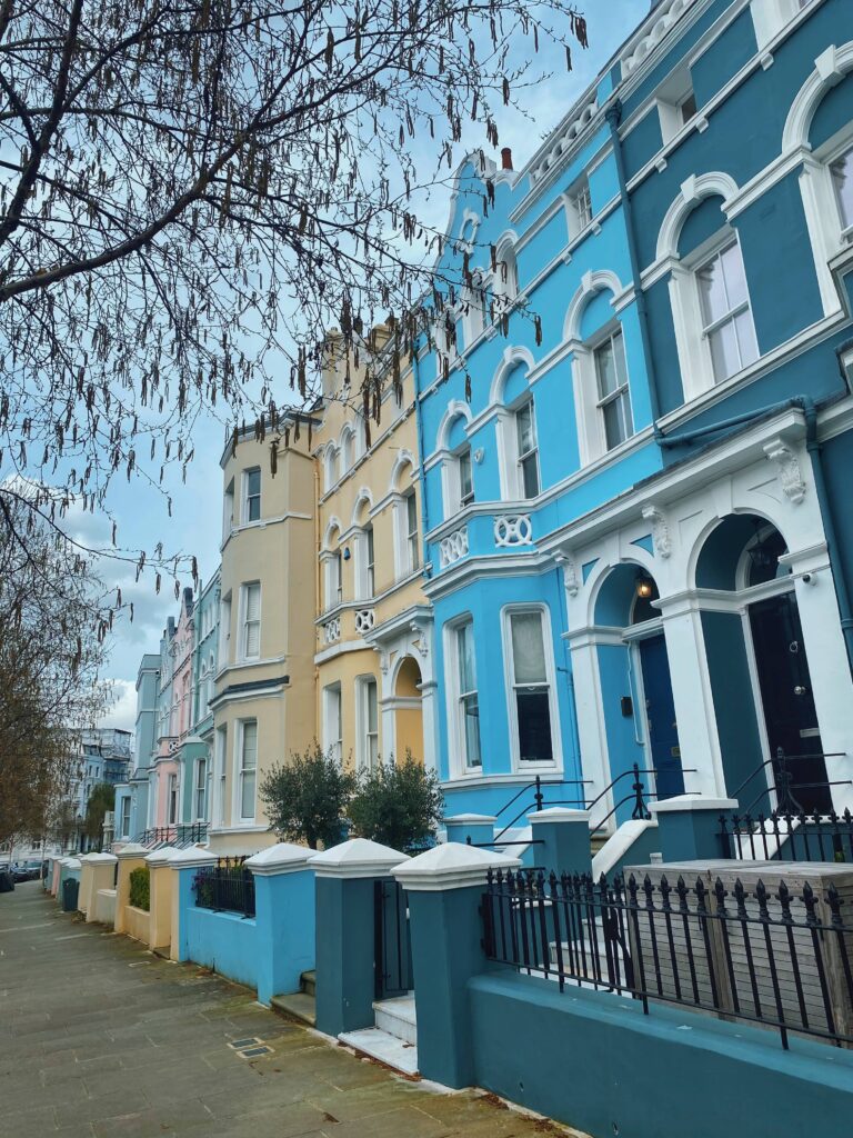 A row of colorful houses on Lansdowne Road, Notting Hill