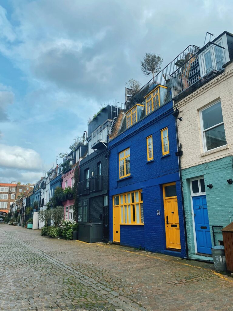 A row of colourful houses at St Luke's Mews, Notting Hill