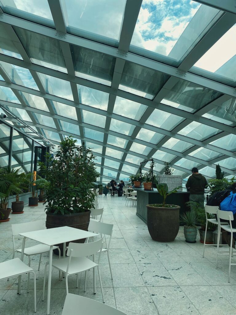 Sky Garden's top floor with seating and tables and large pot plants for decoration