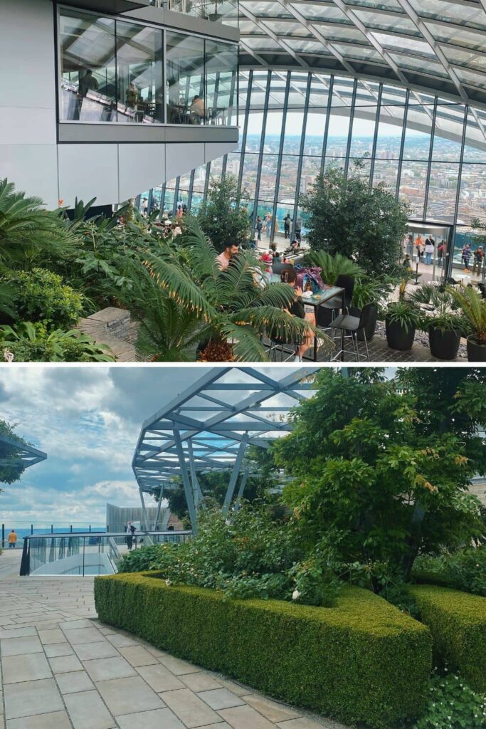 Collage of 2 photos showing the view of London from Sky Garden and The Garden at 120