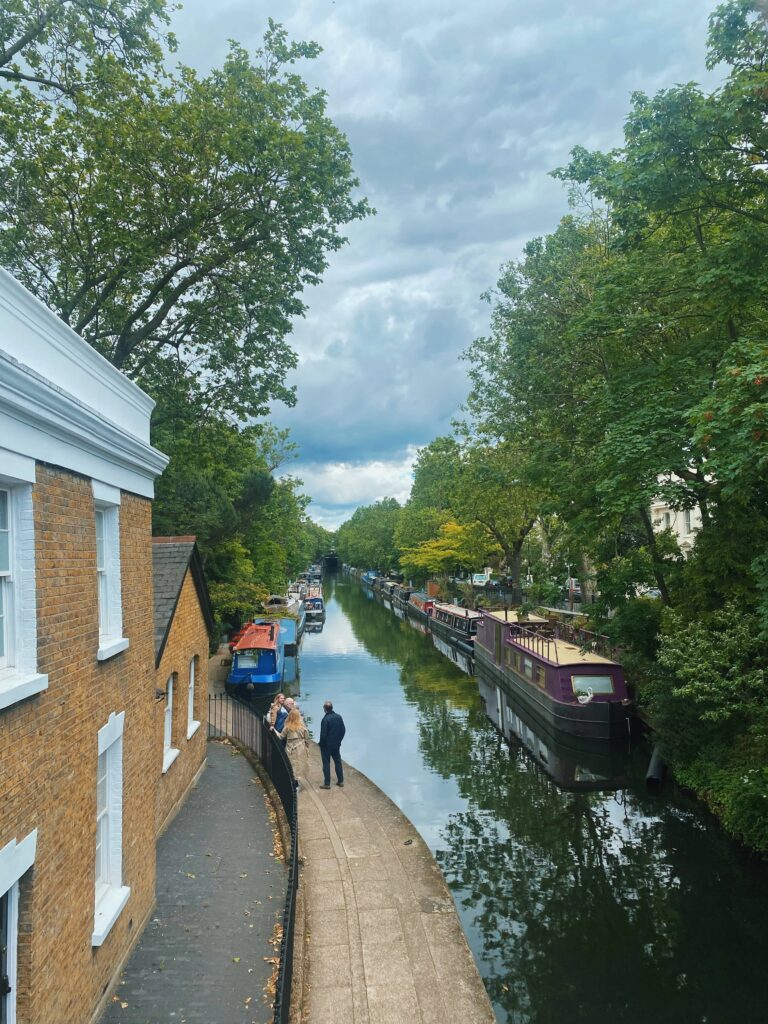 Rows of canal boats docked on Regent's Canal in London