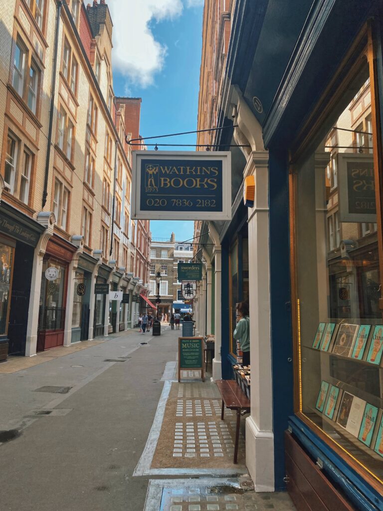 A bookshop store sign on Bookseller's Row in London