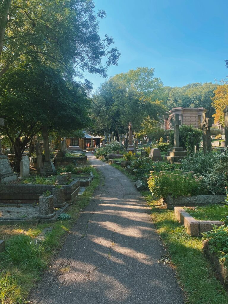 A walkway with graves on each side at Highgate Cemetery in London