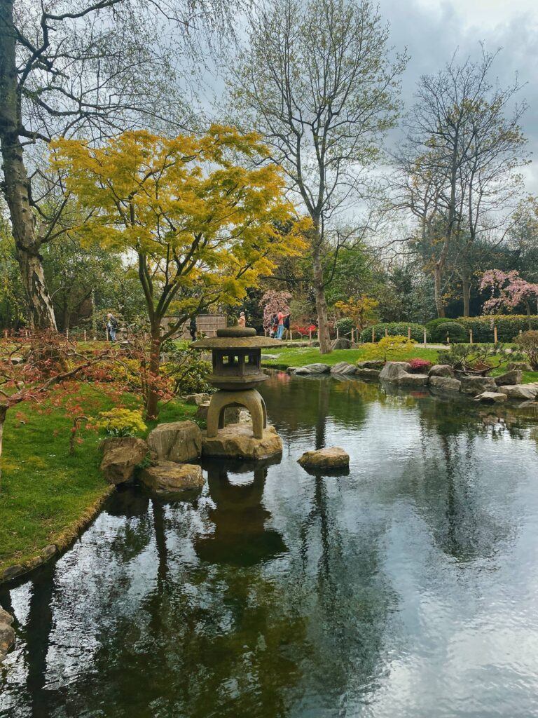 Pond and stone lantern in Kyoto Garden in London